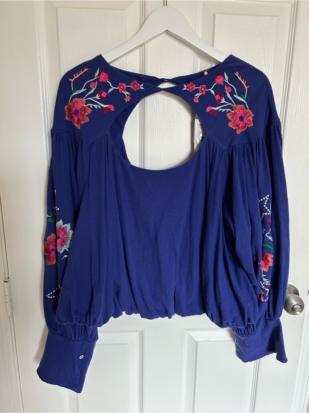 Free People Navy Blue Embroidered Cutout-Back Tunic